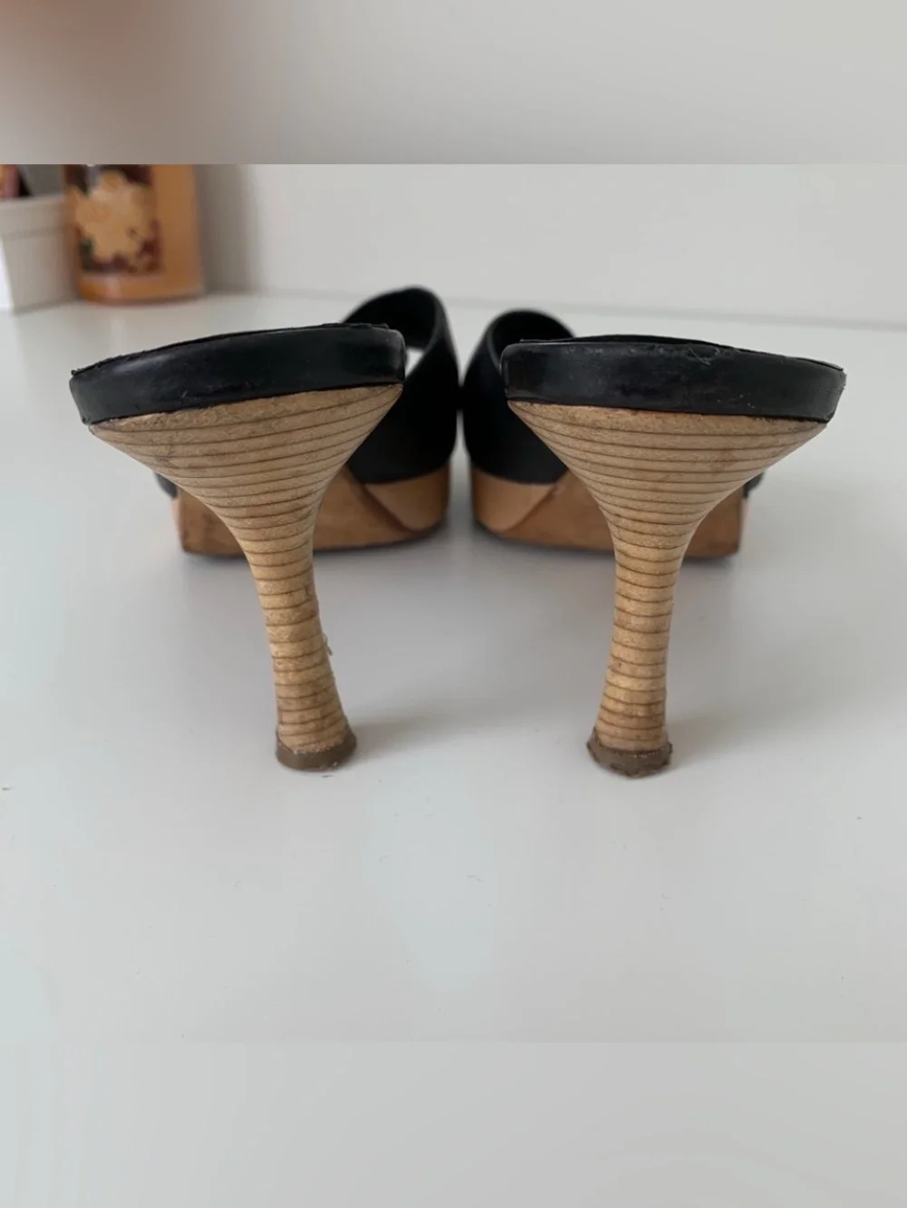Authentic CHANEL Black Leather Slide Heels with Gold Insignia Accent. Sz: 9.5